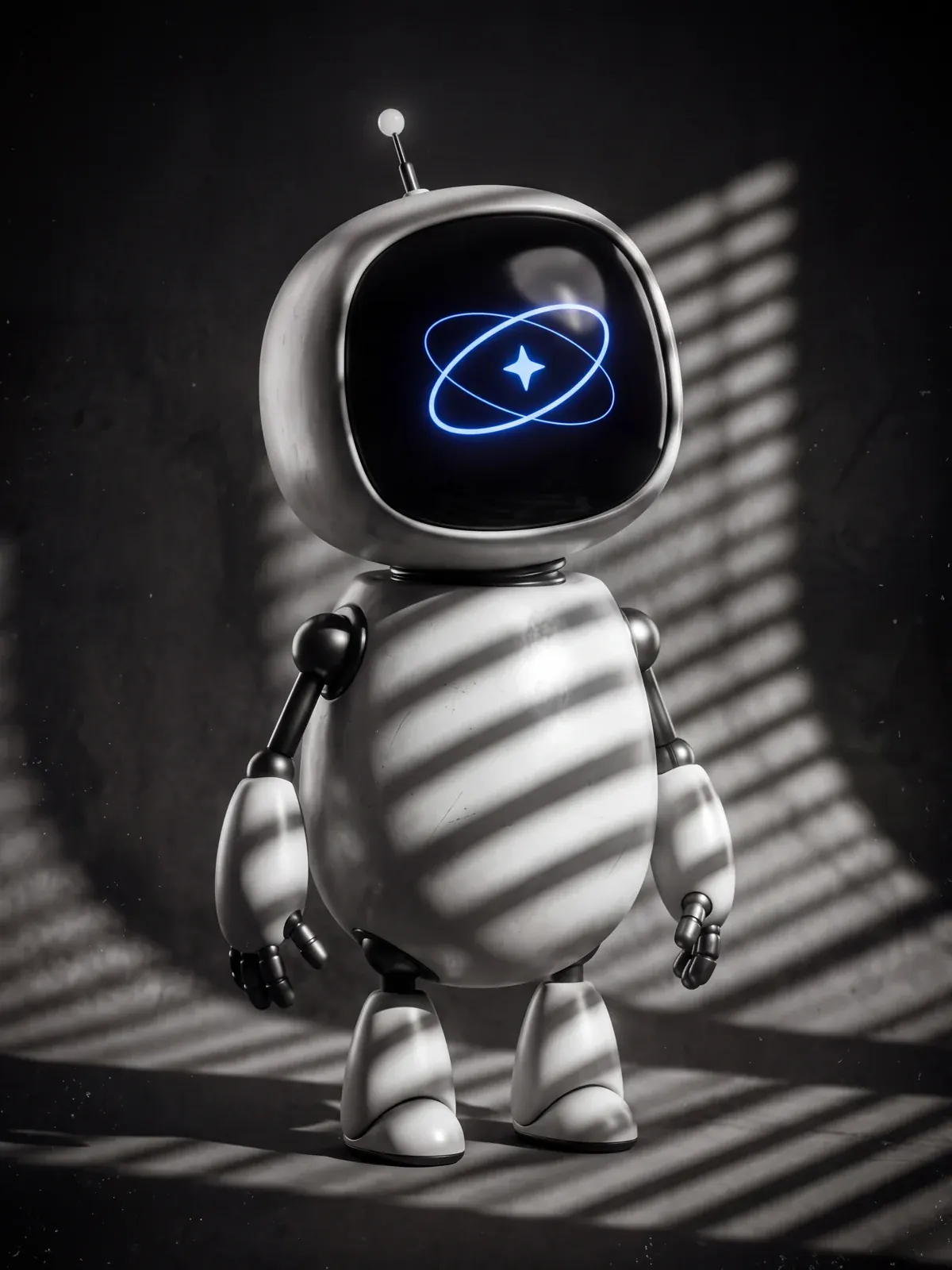 Oniro Bot em preto e branco, no estilo noir